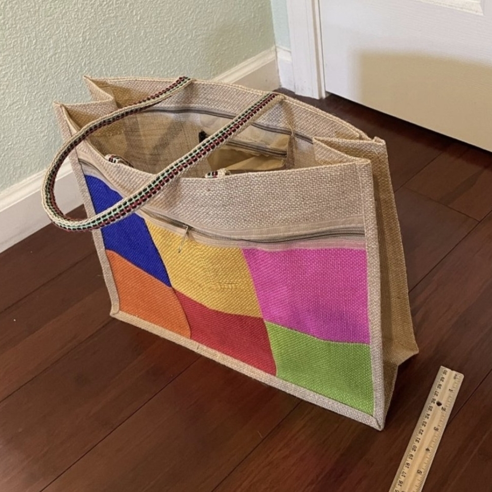 Colorful Patchwork Burlap Tote Bag Use For Shopping New!!